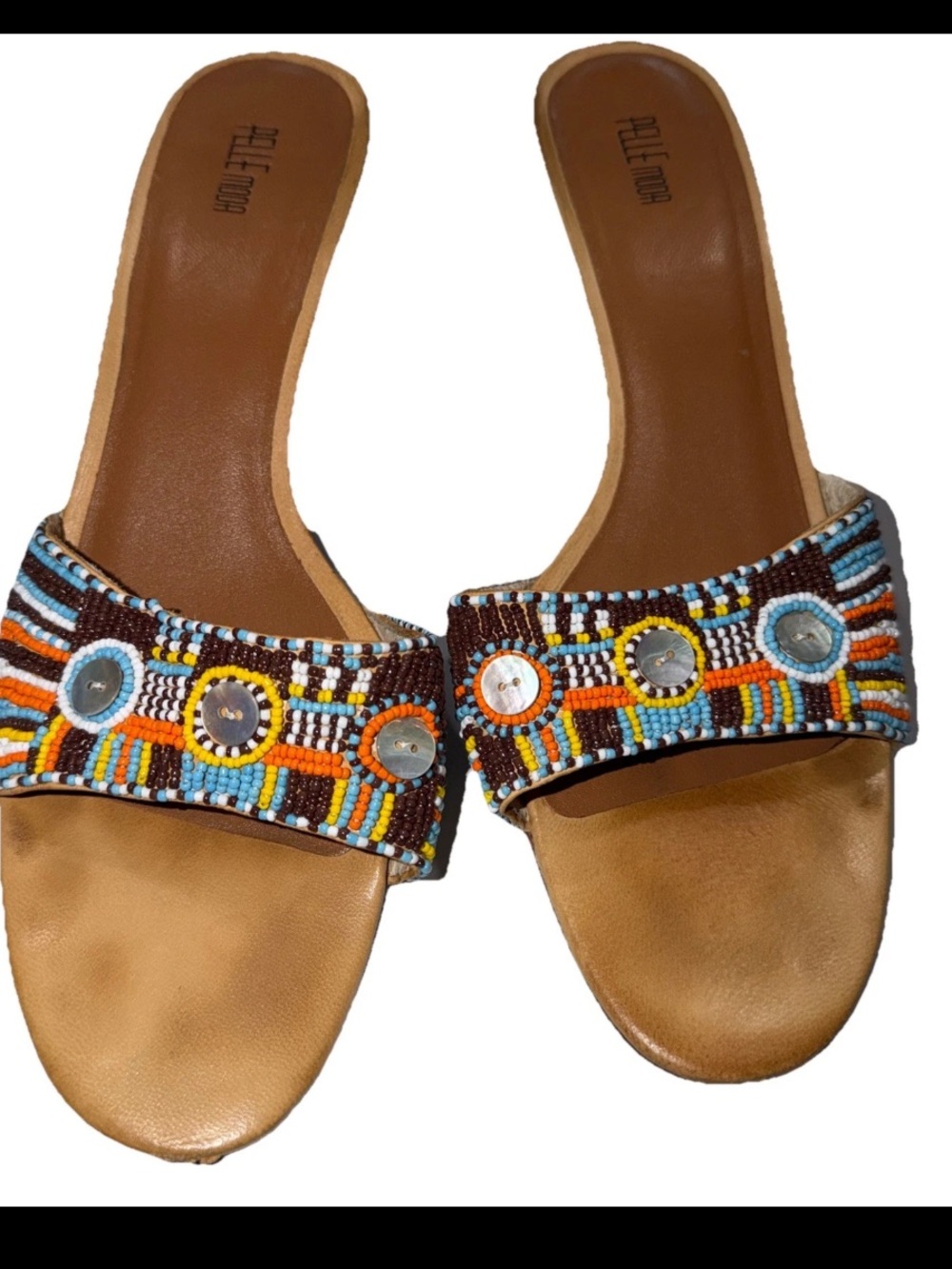 PELLA moda Brown BEADED LEATHER Sandals 2.5” kitten Heel Slip Ons Size 12 Womens